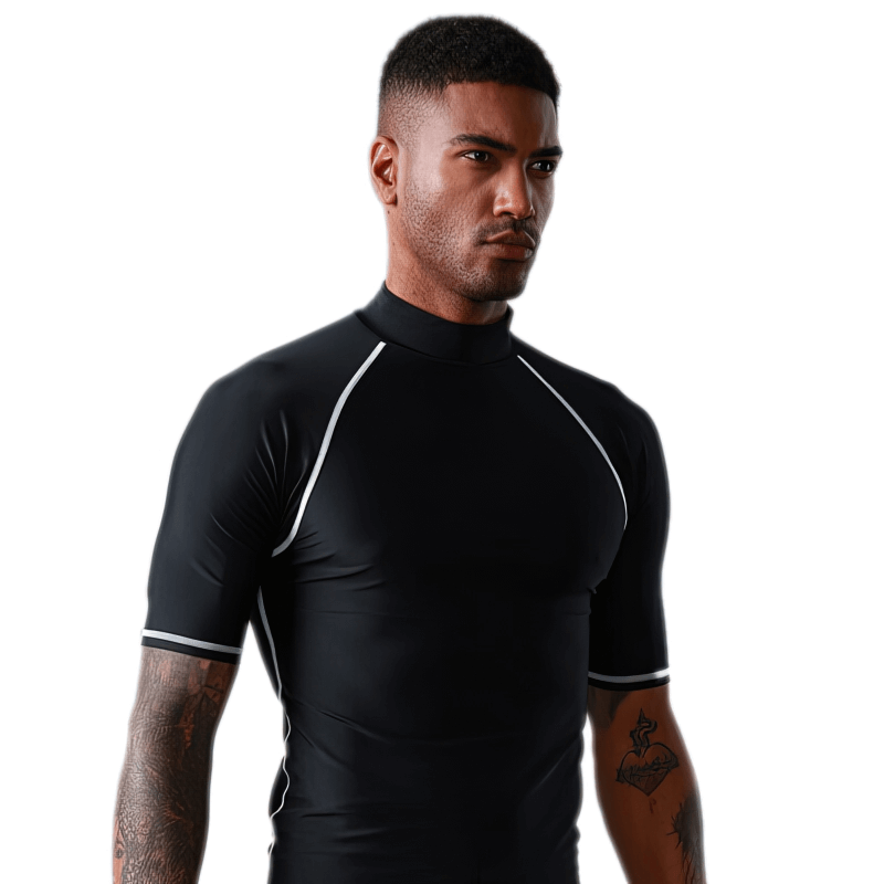 Man wearing black short-sleeve elastic beach T-shirt for water sports, ideal for surfing and diving with UPF 50+ protection.